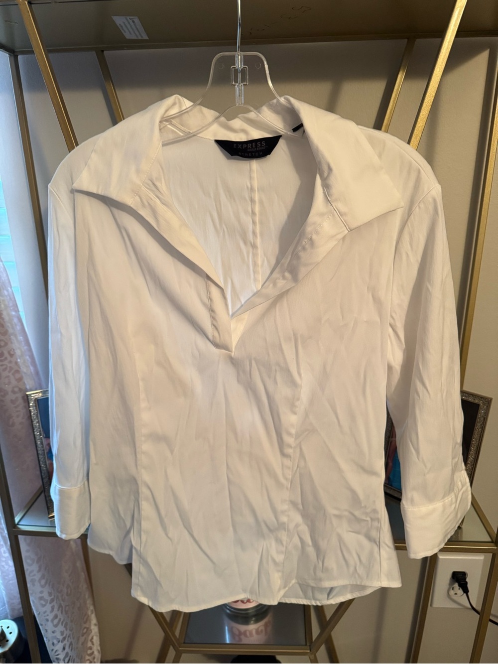 Express White Casual Button-Down Shirt Stretch 3/4 sleeve